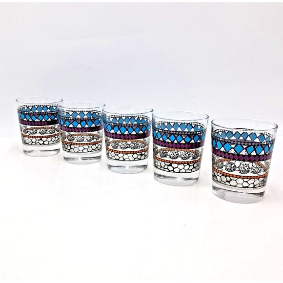 IKEA Murkla Cocktail Glasses Geometric Retro Look -Teal Purple Black -Lot of 5 - Picture 5 of 7